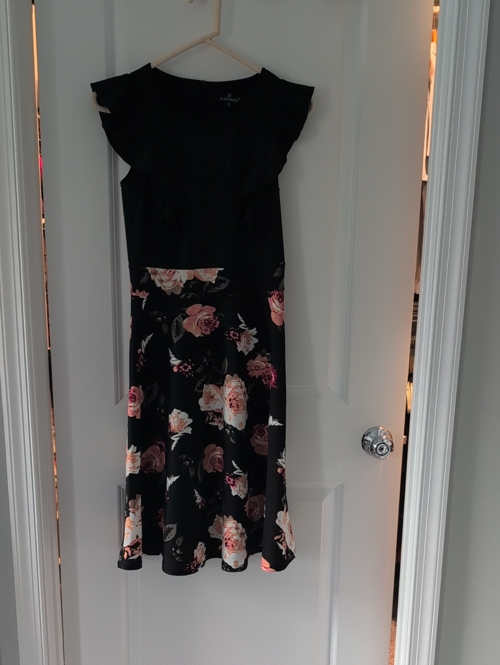 Black Floral Midi Dress with Ruffle Shoulders